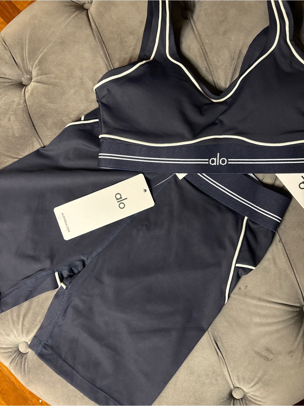 ALO Yoga Navy Sports Bra and Shorts Set with Cream Piping